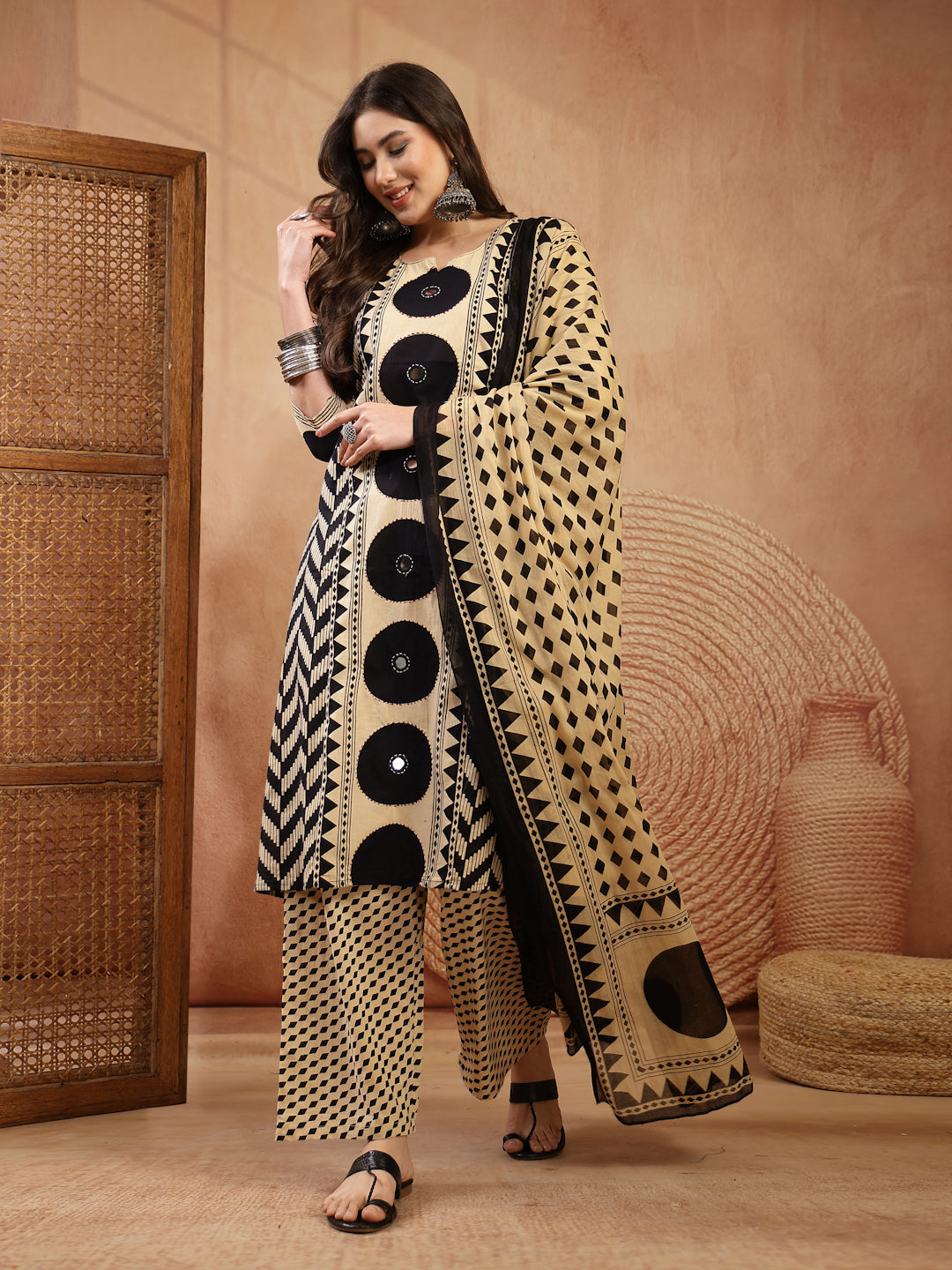 Women's Black Printed Cotton A-Line Kurta Palazzo Dupatta Set (KPDBLAC