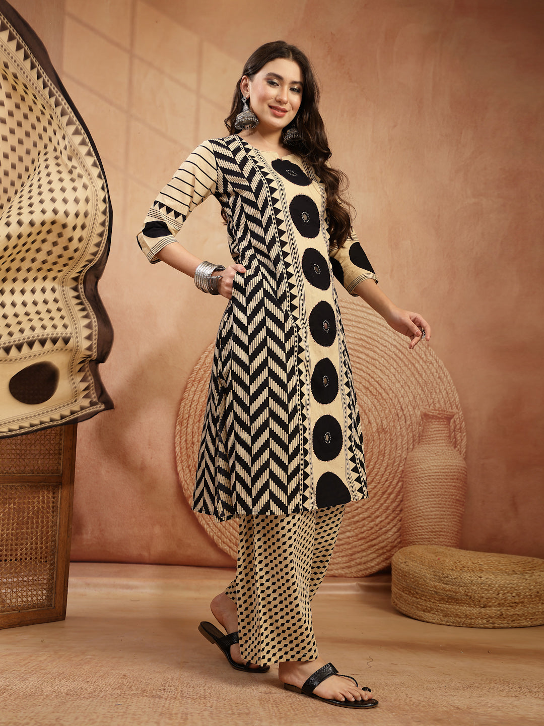 Women's Black Printed Cotton A-Line Kurta Palazzo Dupatta Set (KPDBLAC