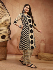 Stylum Women's Black Printed Cotton A-Line Kurta Palazzo Dupatta Set (KPDBLACKDIMI)