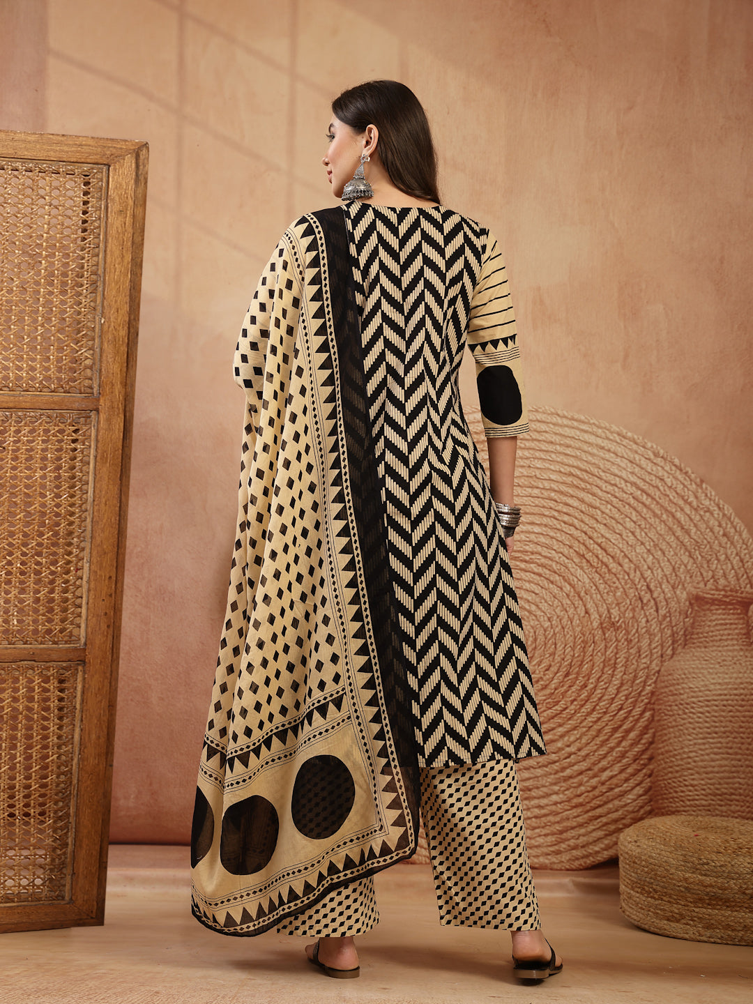 Women's Black Printed Cotton A-Line Kurta Palazzo Dupatta Set (KPDBLAC