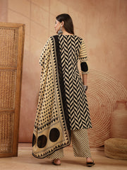 Stylum Women's Black Printed Cotton A-Line Kurta Palazzo Dupatta Set (KPDBLACKDIMI)