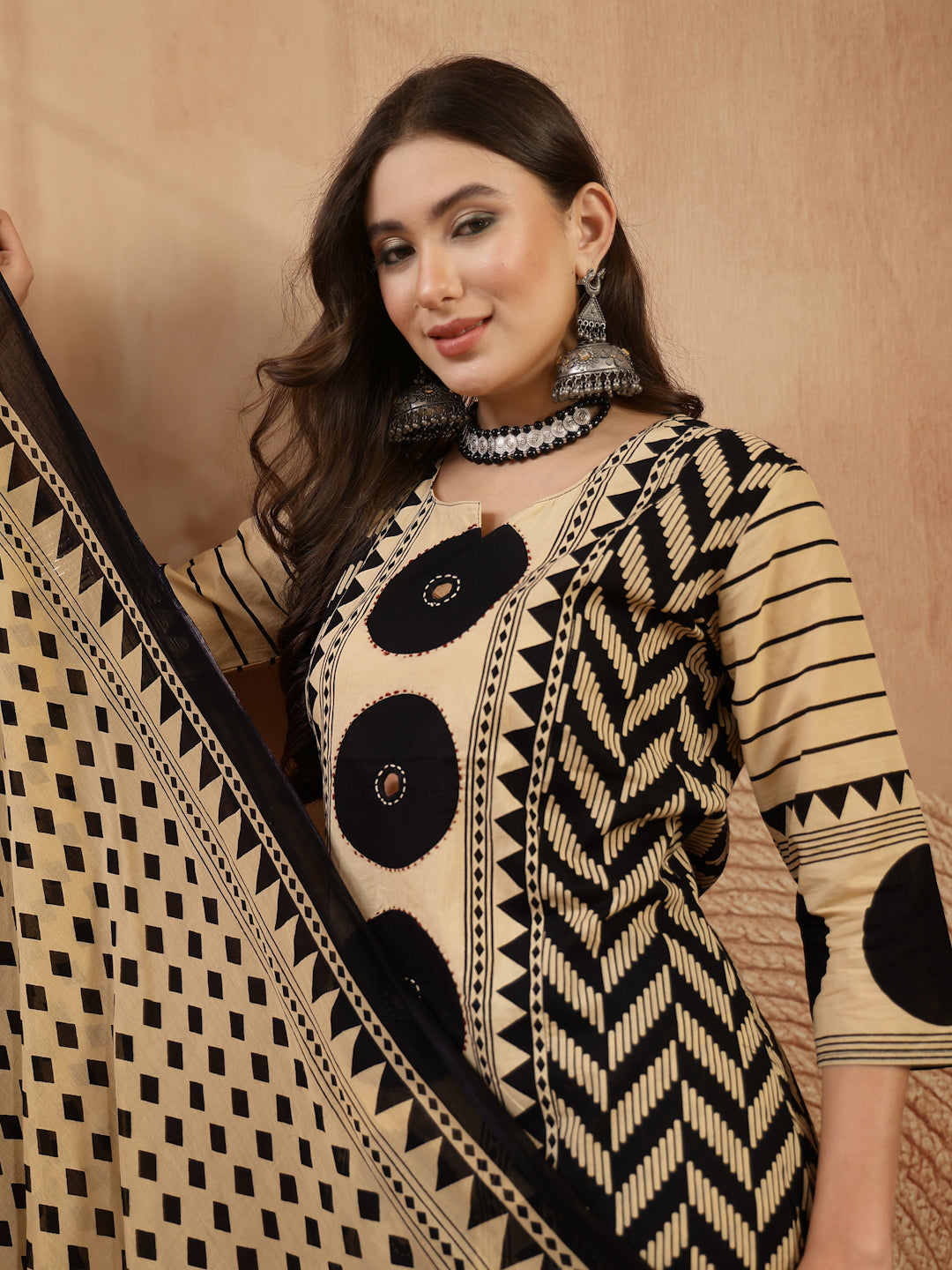 Women's Black Printed Cotton A-Line Kurta Palazzo Dupatta Set (KPDBLAC