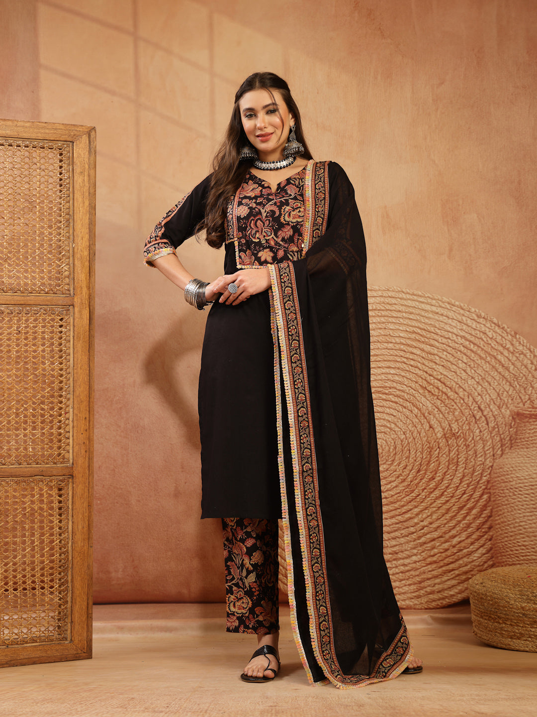 Women's Black Solid Cotton Straight Kurta Pant Dupatta Set (KPDBLACKGA