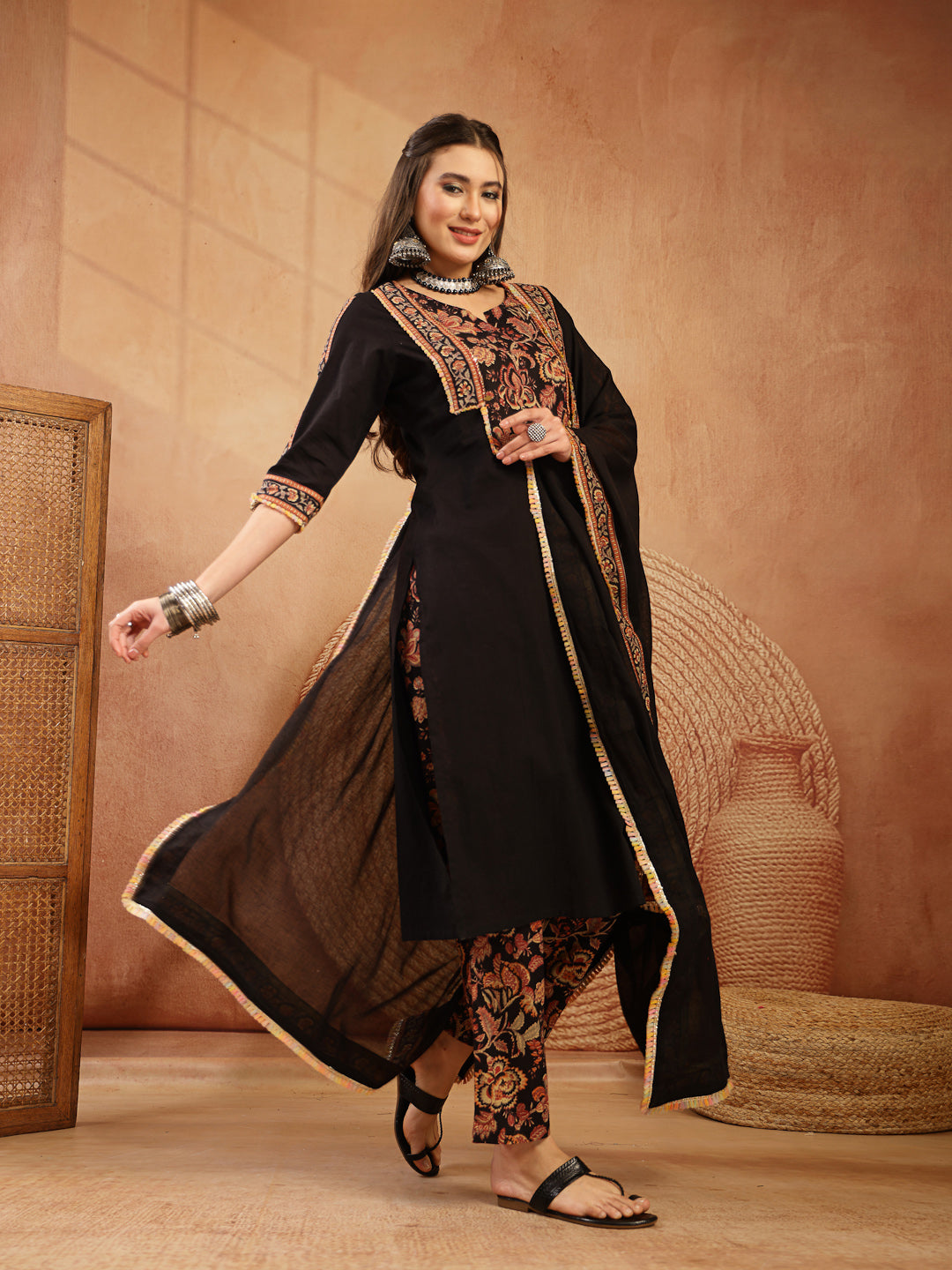 Women's Black Solid Cotton Straight Kurta Pant Dupatta Set (KPDBLACKGA