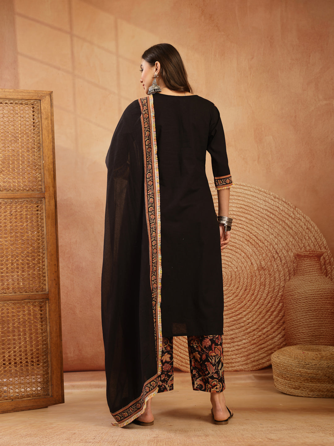 Women's Black Solid Cotton Straight Kurta Pant Dupatta Set (KPDBLACKGA