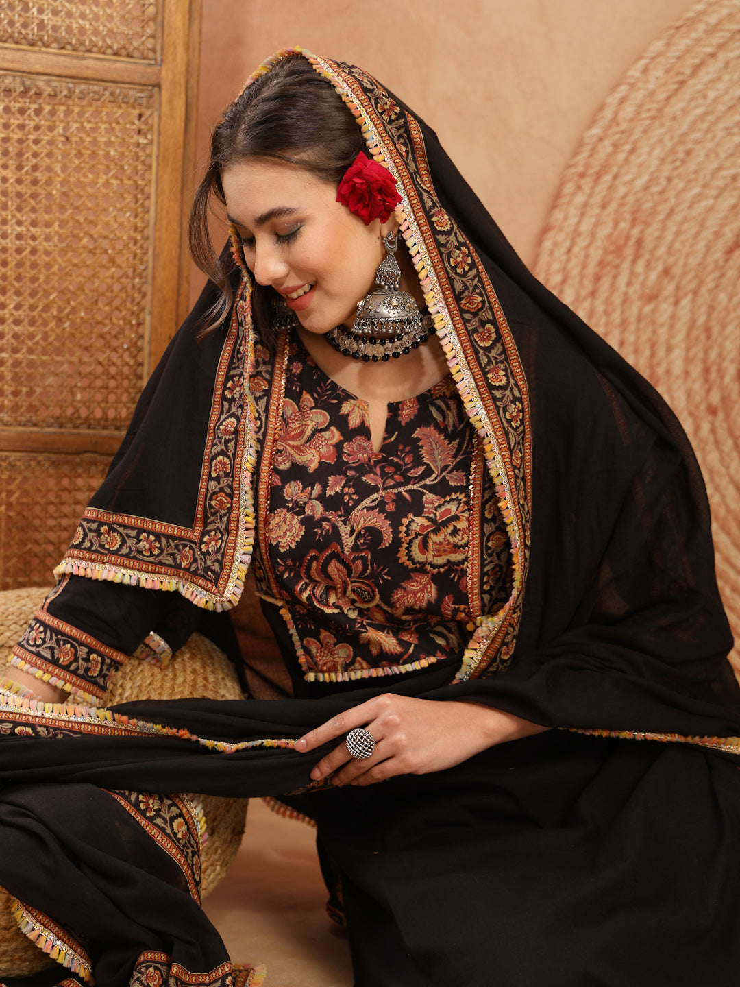 Women's Black Solid Cotton Straight Kurta Pant Dupatta Set (KPDBLACKGA