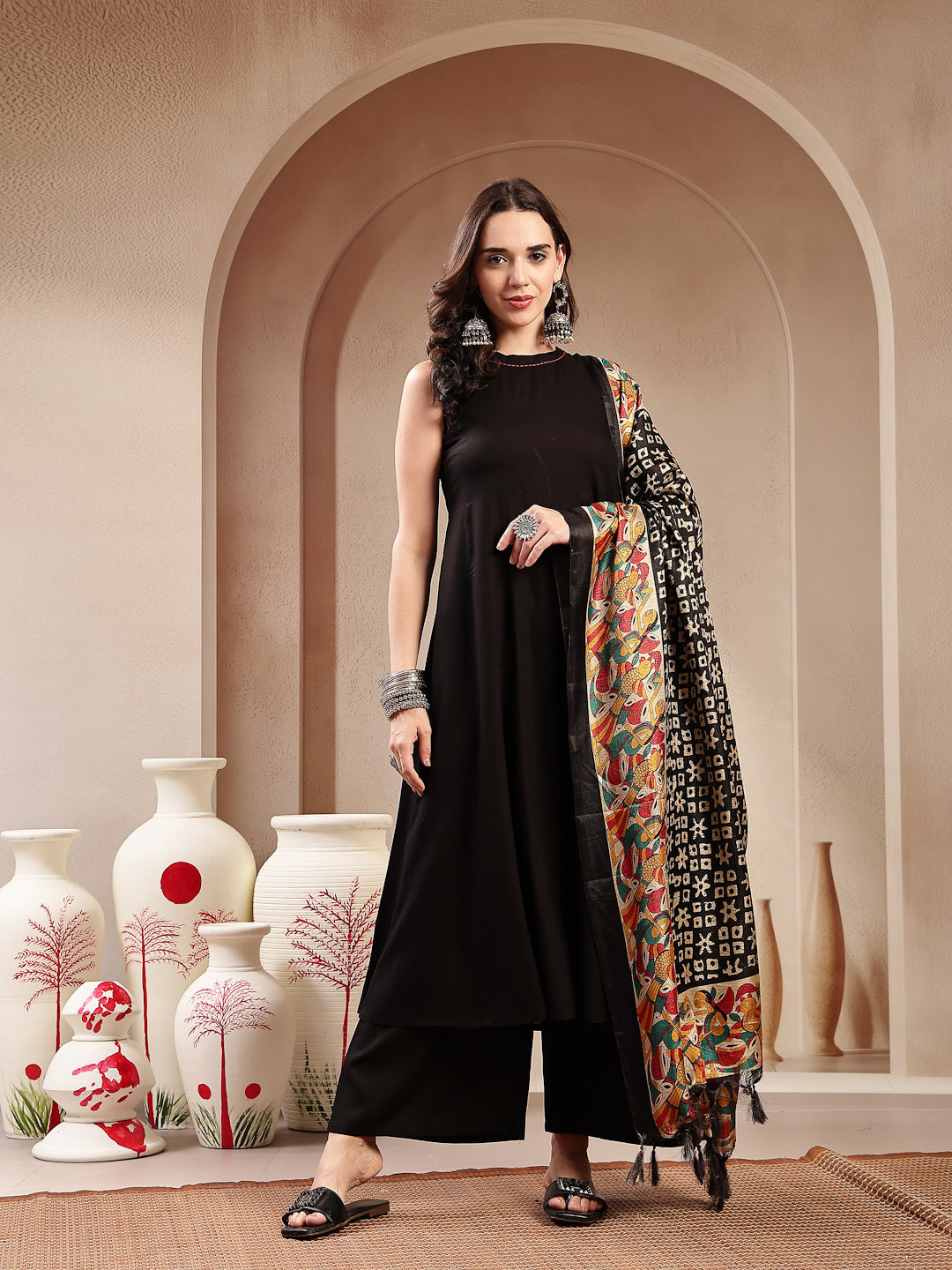 Women's Black Solid Rayon Flared Kurta Palazzo Dupatta Set (KPDBLACKJA