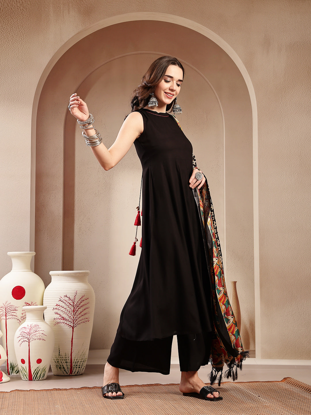 Women's Black Solid Rayon Flared Kurta Palazzo Dupatta Set (KPDBLACKJA