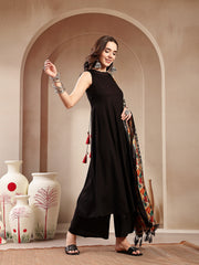 Stylum Women's Black Solid Rayon Flared Kurta Palazzo Dupatta Set (KPDBLACKJALANI)