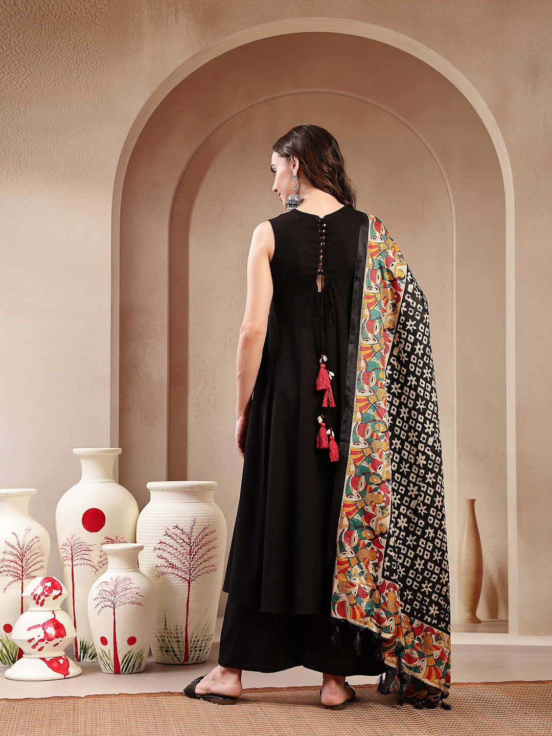 Women's Black Solid Rayon Flared Kurta Palazzo Dupatta Set (KPDBLACKJA