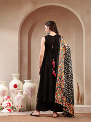 Stylum Women's Black Solid Rayon Flared Kurta Palazzo Dupatta Set (KPDBLACKJALANI)
