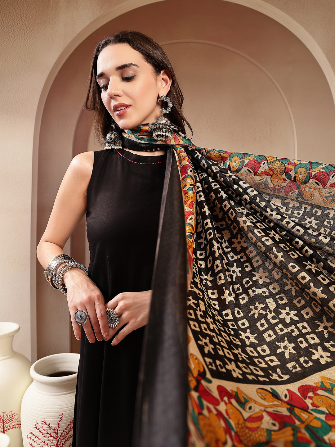 Women's Black Solid Rayon Flared Kurta Palazzo Dupatta Set (KPDBLACKJA