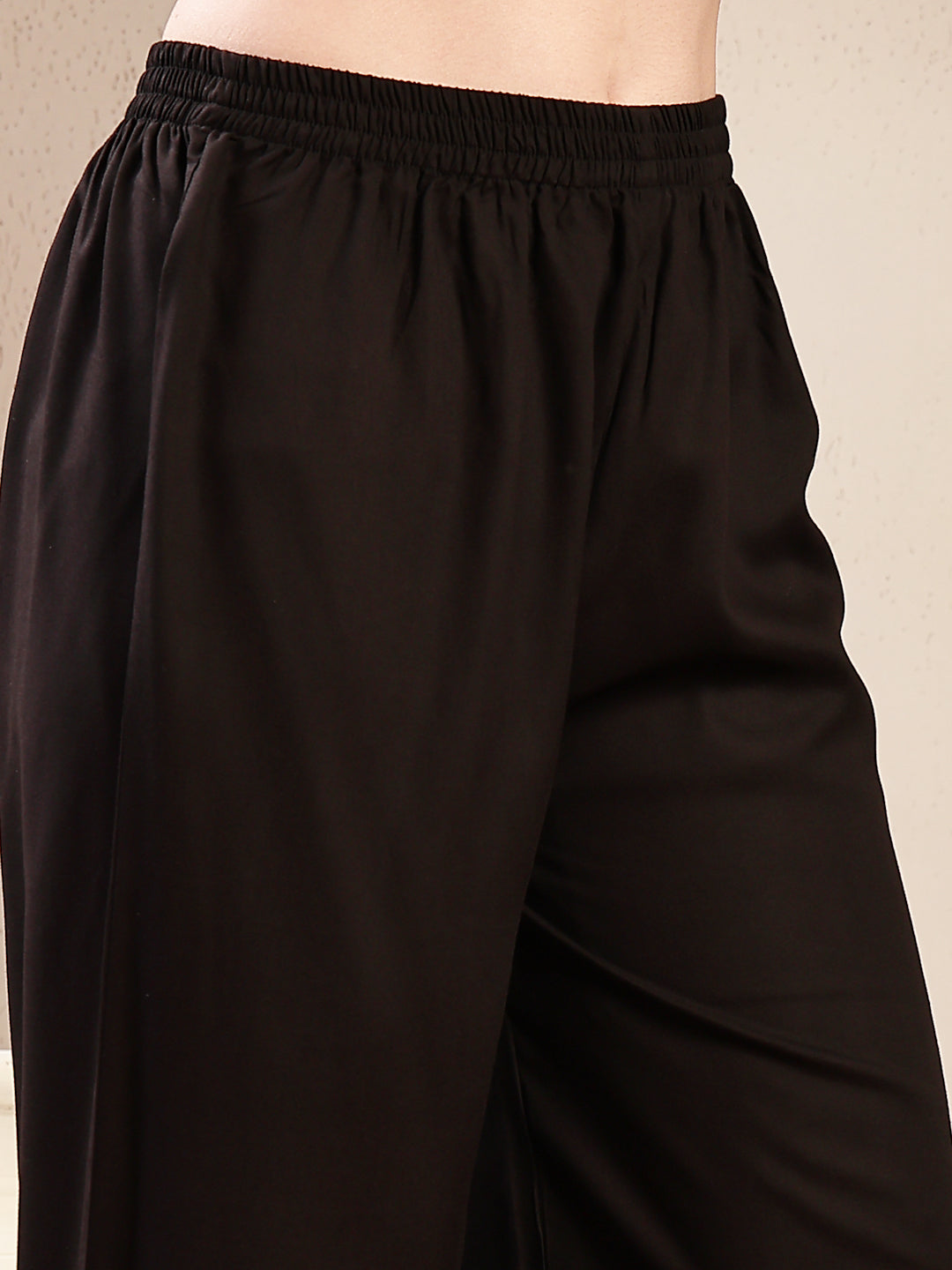 Women's Black Solid Rayon Flared Kurta Palazzo Dupatta Set (KPDBLACKJA