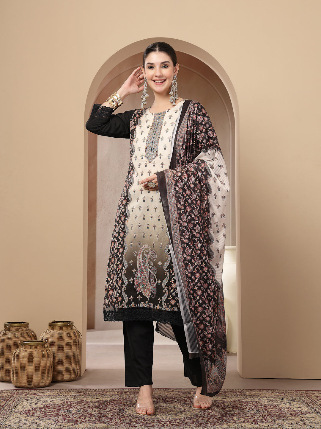 Women's Black Ethnic Printed Cotton Straight Kurta Pant Dupatta Set (K