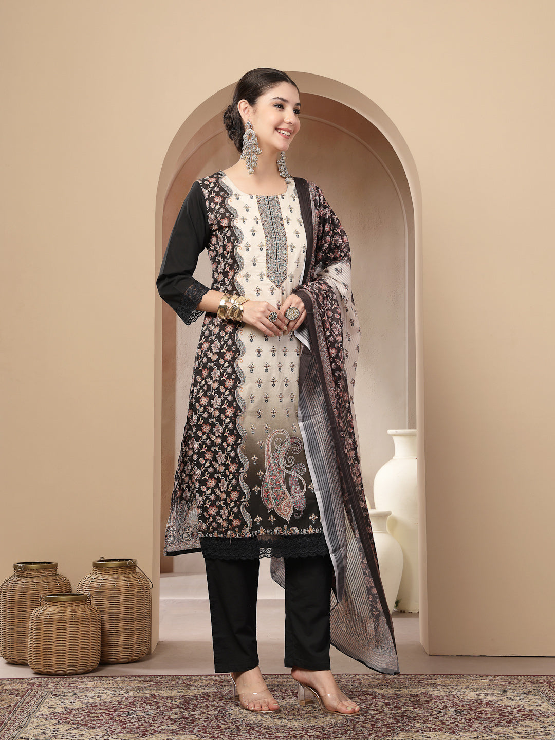 Women's Black Ethnic Printed Cotton Straight Kurta Pant Dupatta Set (K