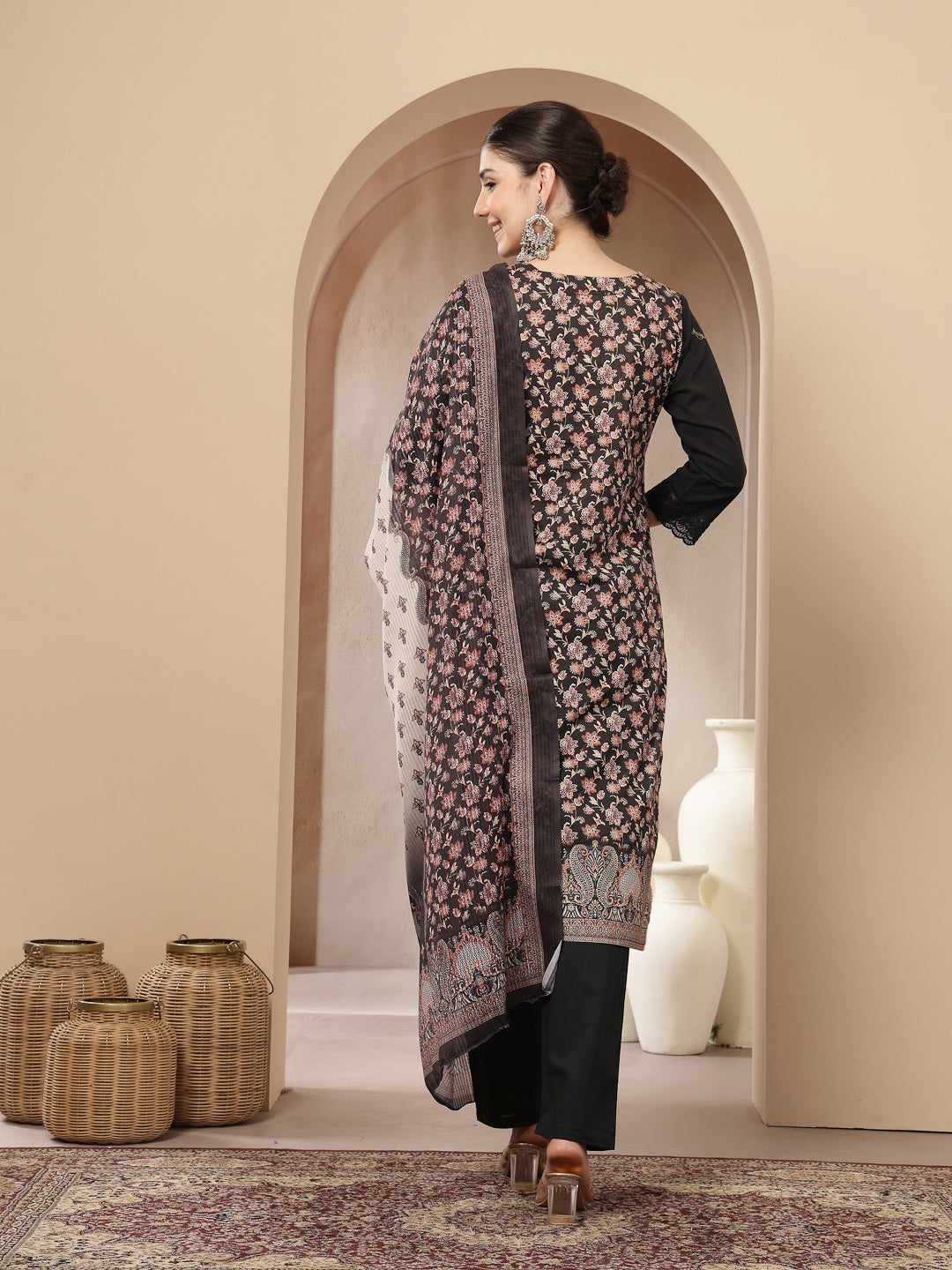 Women's Black Ethnic Printed Cotton Straight Kurta Pant Dupatta Set (K