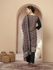 Stylum Women's Black Ethnic Printed Cotton Straight Kurta Pant Dupatta Set (KPDBLACKKANG)