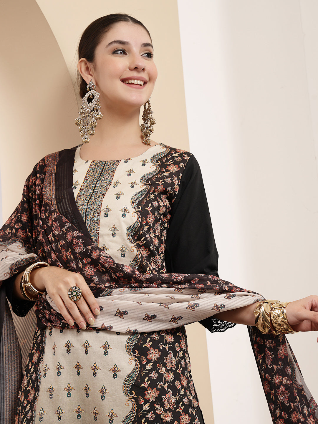 Women's Black Ethnic Printed Cotton Straight Kurta Pant Dupatta Set (K