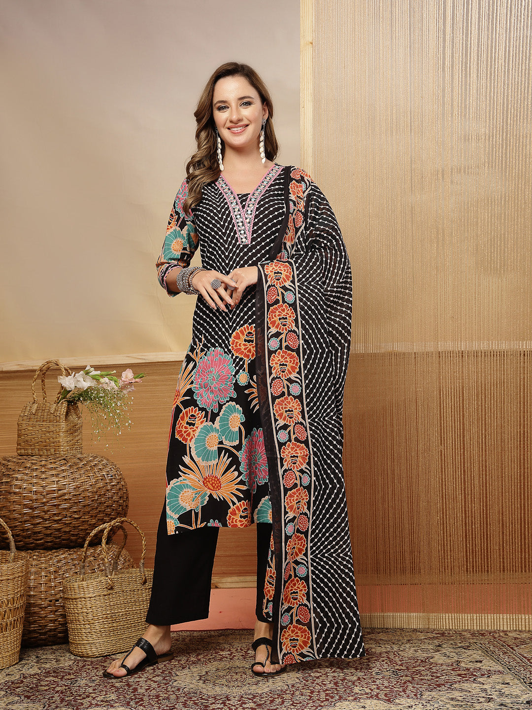 Women's Black Floral Printed Cotton Blend Straight Kurta Pant Dupatta 