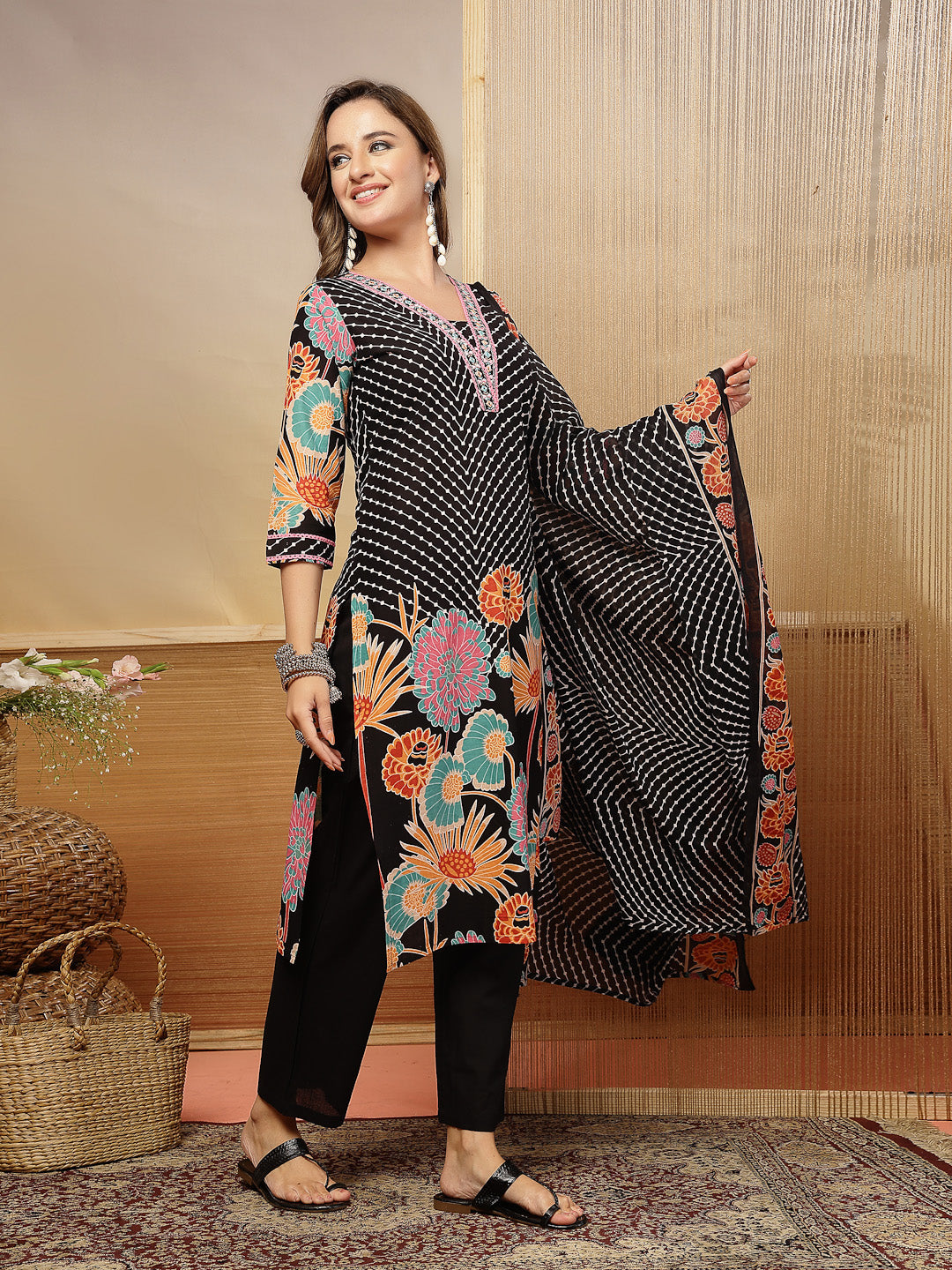 Women's Black Floral Printed Cotton Blend Straight Kurta Pant Dupatta 