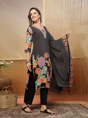 Stylum Women's Black Floral Printed Cotton Blend Straight Kurta Pant Dupatta Set (KPDBLACKMETA)