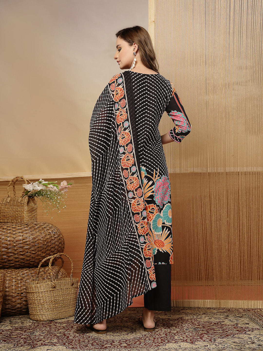 Women's Black Floral Printed Cotton Blend Straight Kurta Pant Dupatta 