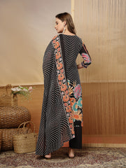 Stylum Women's Black Floral Printed Cotton Blend Straight Kurta Pant Dupatta Set (KPDBLACKMETA)