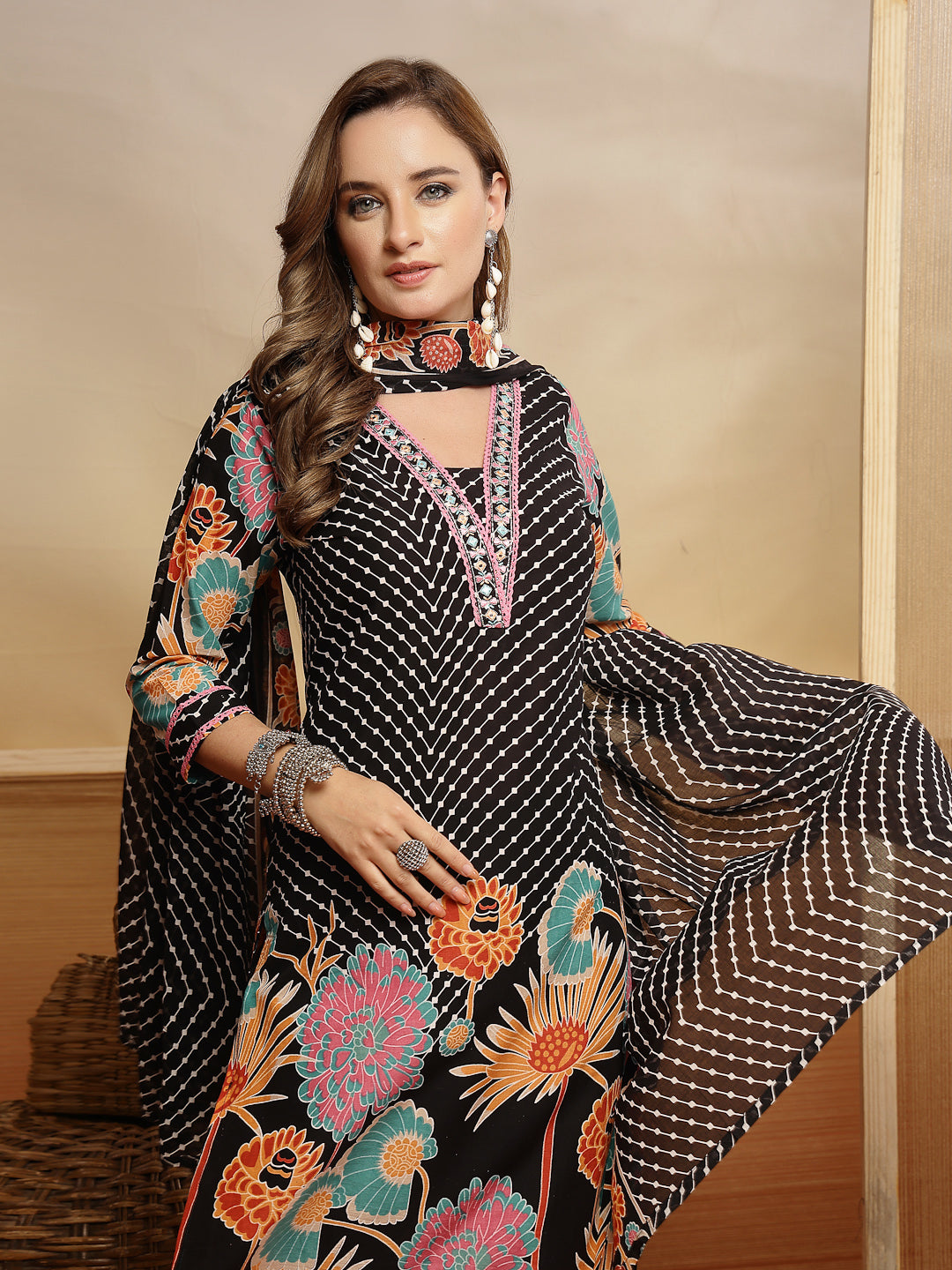 Women's Black Floral Printed Cotton Blend Straight Kurta Pant Dupatta 