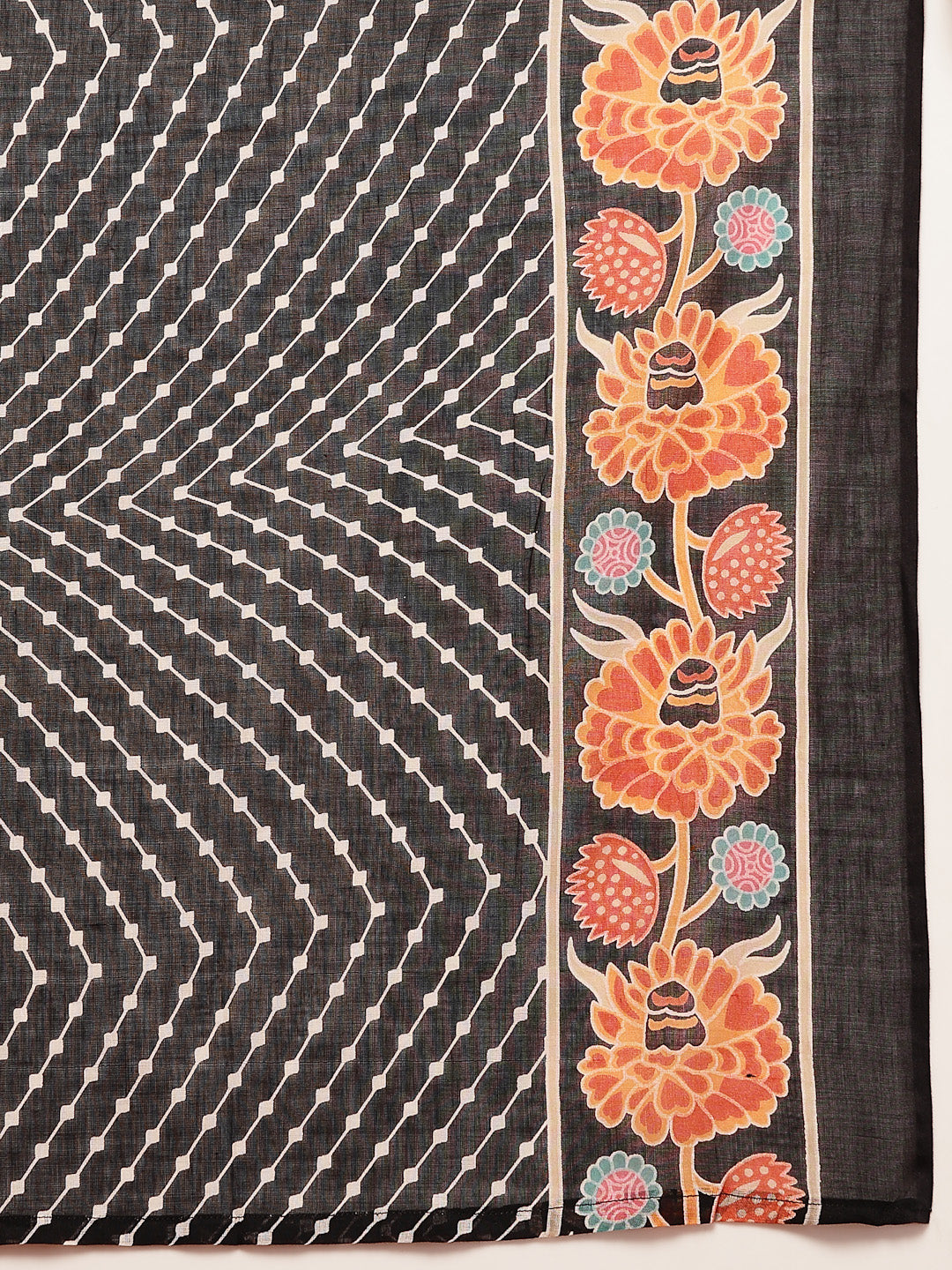 Women's Black Floral Printed Cotton Blend Straight Kurta Pant Dupatta 