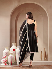 Stylum Women's Black Solid & Embroidered Cotton A-Line Kurta Dhoti Pant Dupatta Set (KPDBLACKPANASH)
