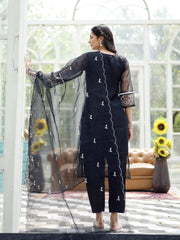 Stylum Women's Black Solid & Embroidered Cotton Straight Kurta Pant Dupatta Set (KPDBLACKPITHORA)