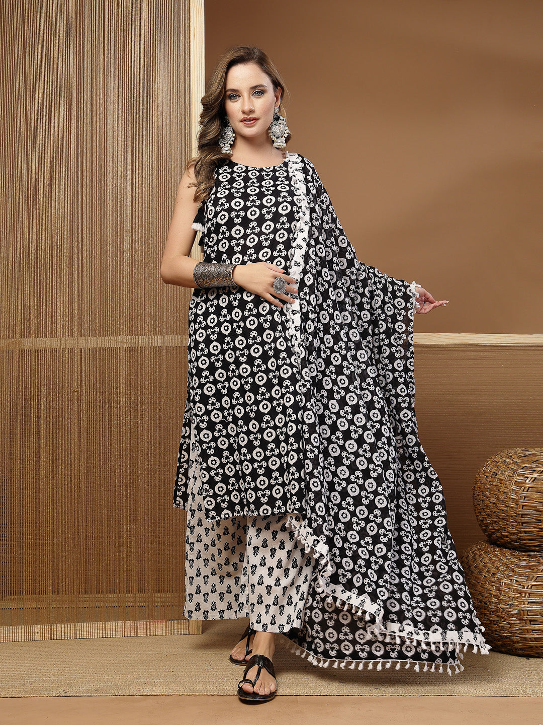 Stylum Women's Black Ethnic Motif Printed Cotton Straight Kurta Palazzo Dupatta Set (KPDBLACKROSHAN)