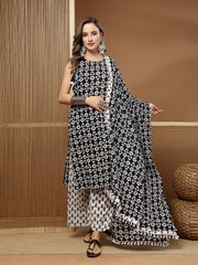Stylum Women's Black Ethnic Motif Printed Cotton Straight Kurta Palazzo Dupatta Set (KPDBLACKROSHAN)