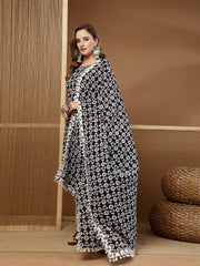 Stylum Women's Black Ethnic Motif Printed Cotton Straight Kurta Palazzo Dupatta Set (KPDBLACKROSHAN)