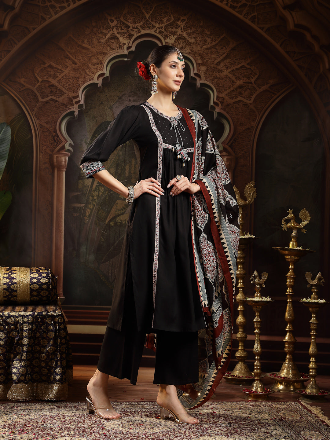 Stylum Women's Black Solid Rayon A-Line Kurta Pant Dupatta Set (KPDBLACKSIFAR)