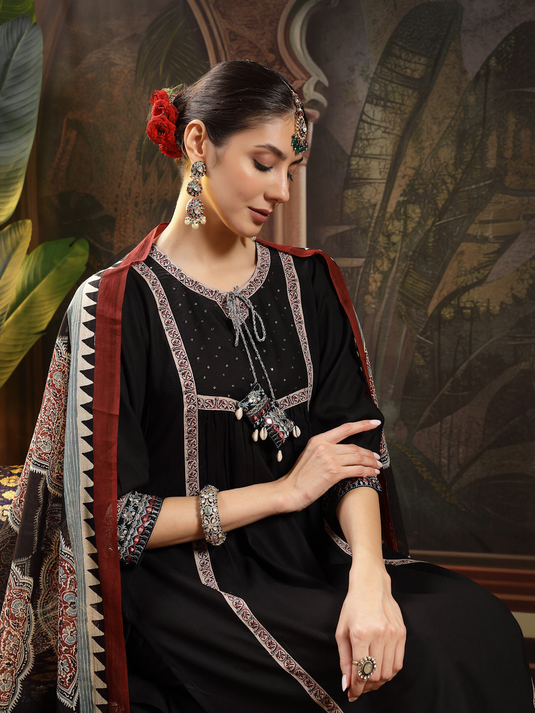 Stylum Women's Black Solid Rayon A-Line Kurta Pant Dupatta Set (KPDBLACKSIFAR)