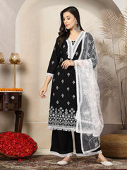 Women's Black Ethnic Printed Rayon Straight Kurta Palazzo Dupatta Set-KPDBLACKTARA