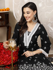 Women's Black Ethnic Printed Rayon Straight Kurta Palazzo Dupatta Set-KPDBLACKTARA