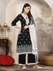 Women's Black Ethnic Printed Rayon Straight Kurta Palazzo Dupatta Set-KPDBLACKTARA
