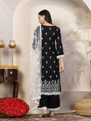 Women's Black Ethnic Printed Rayon Straight Kurta Palazzo Dupatta Set-KPDBLACKTARA