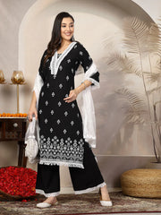 Women's Black Ethnic Printed Rayon Straight Kurta Palazzo Dupatta Set-KPDBLACKTARA
