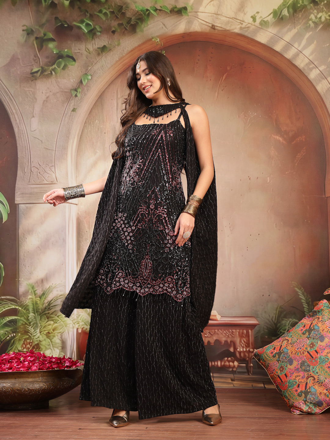 Stylum Women's Black Solid & Embroidered Wool Blend Straight Kurti Palazzo Dupatta Set (KPDBLACKZANYA)