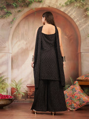 Stylum Women's Black Solid & Embroidered Wool Blend Straight Kurti Palazzo Dupatta Set (KPDBLACKZANYA)