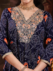 Stylum Women's Blue Bandhej Printed & Embroidered Crepe Flared Kurta Palazzo Dupatta Set (KPDBLUEBOONDI)