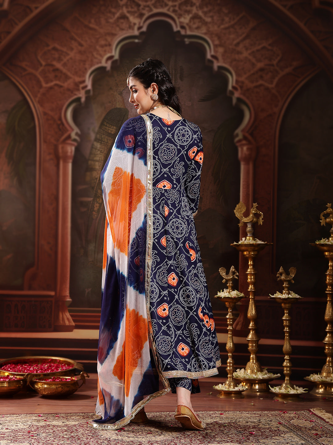 Stylum Women's Blue Bandhej Printed & Embroidered Crepe Flared Kurta Palazzo Dupatta Set (KPDBLUEBOONDI)