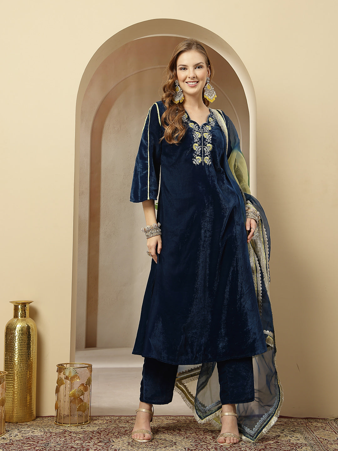 Women's Blue Solid & Embroidered Velvet A-Line Kurta Pant Dupatta Set 
