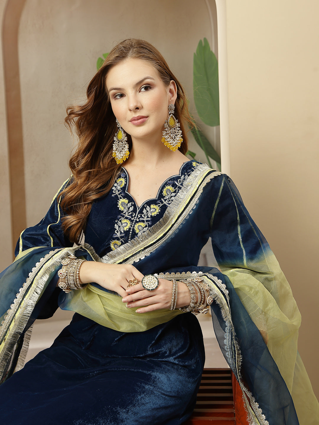 Women's Blue Solid & Embroidered Velvet A-Line Kurta Pant Dupatta Set 