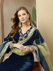 Stylum Women's Blue Solid & Embroidered Velvet A-Line Kurta Pant Dupatta Set (KPDBLUEDOLMU)
