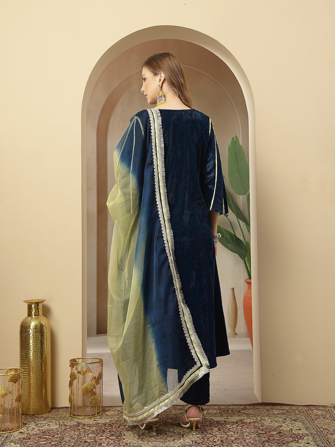 Women's Blue Solid & Embroidered Velvet A-Line Kurta Pant Dupatta Set 