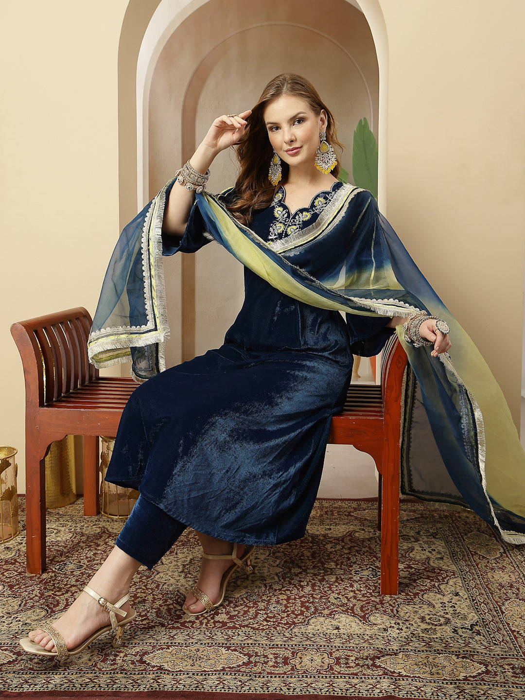 Women's Blue Solid & Embroidered Velvet A-Line Kurta Pant Dupatta Set 